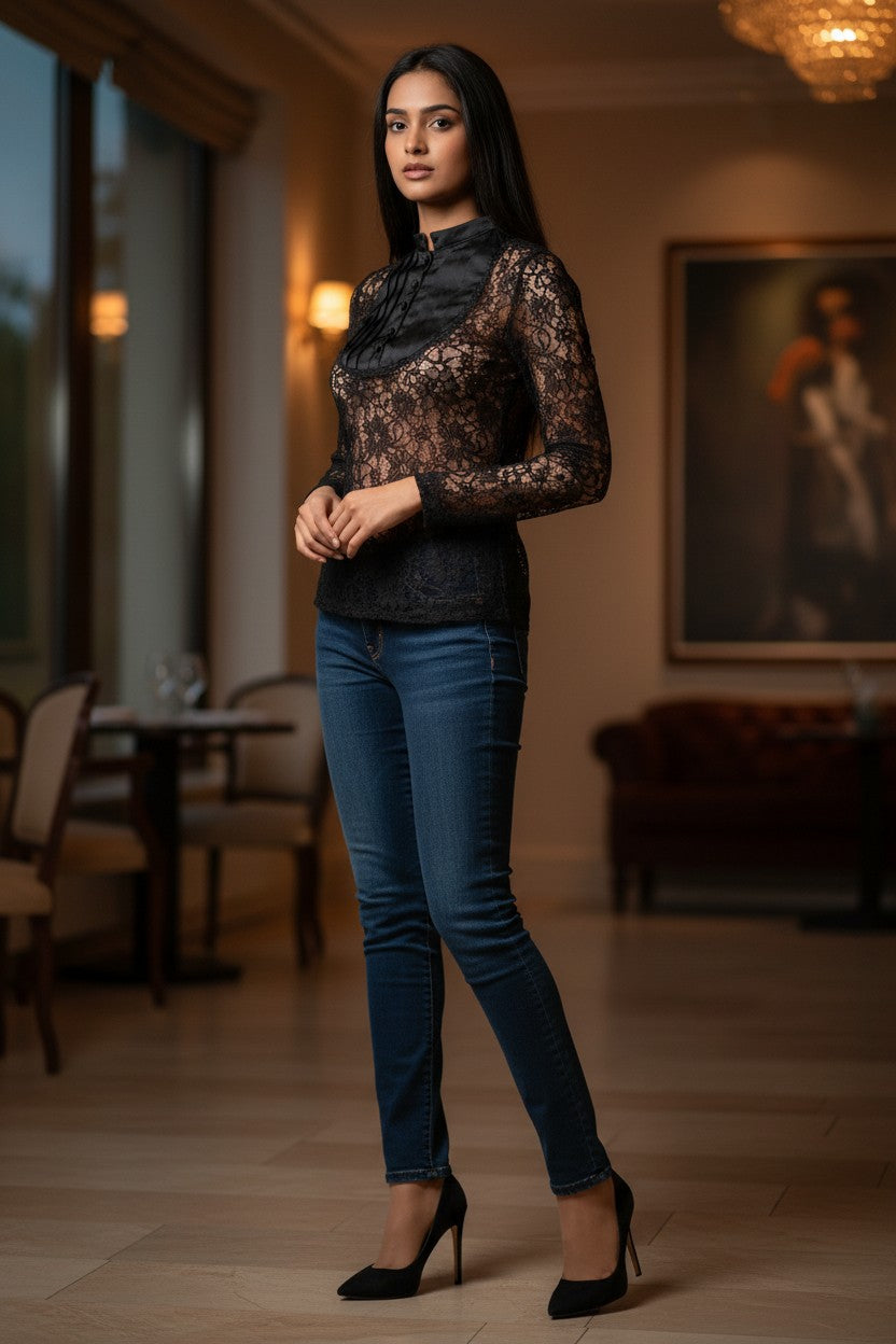 Blouse dentelle noire manches longues — Mango — Taille S