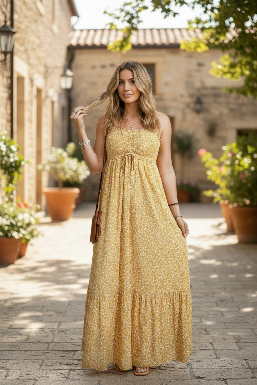 Robe longue jaune à volants & smocks — Imprimé floral bohème