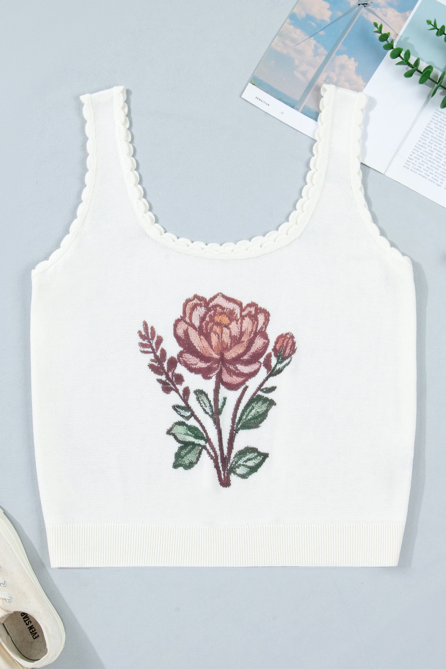 Débardeur en maille florale rétro grande taille — col carré festonné, sans manches