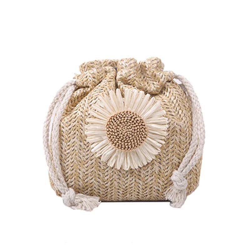 Sac seau en paille – Fleur marguerite tressée – Blanc & Kaki