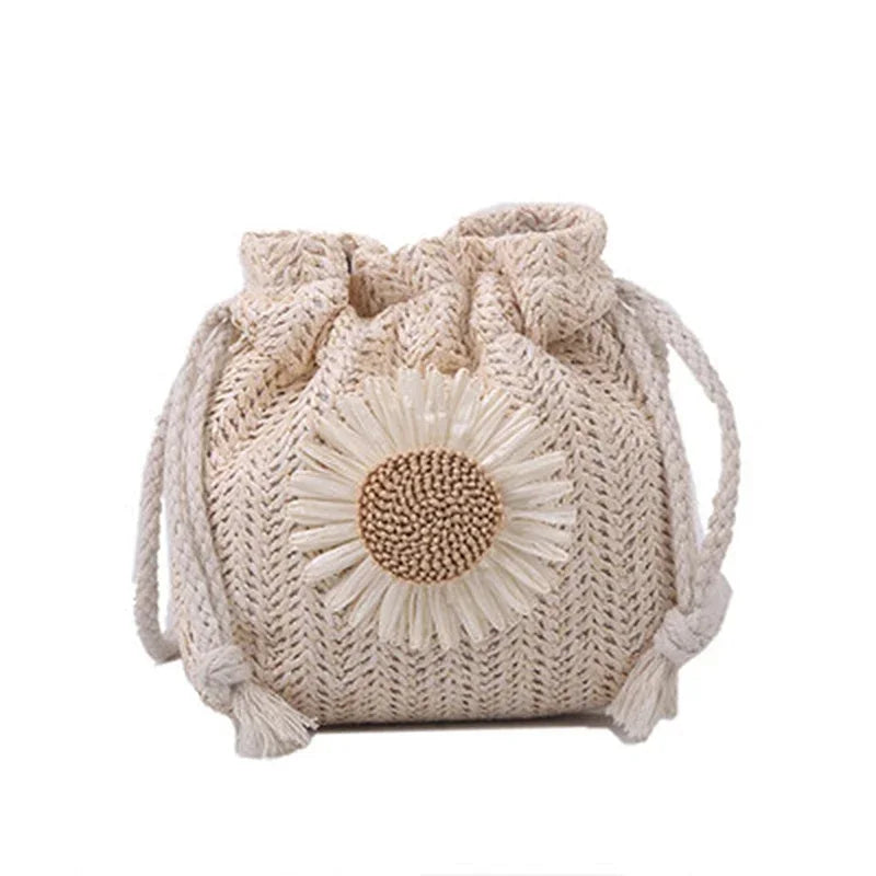 Sac seau en paille – Fleur marguerite tressée – Blanc & Kaki