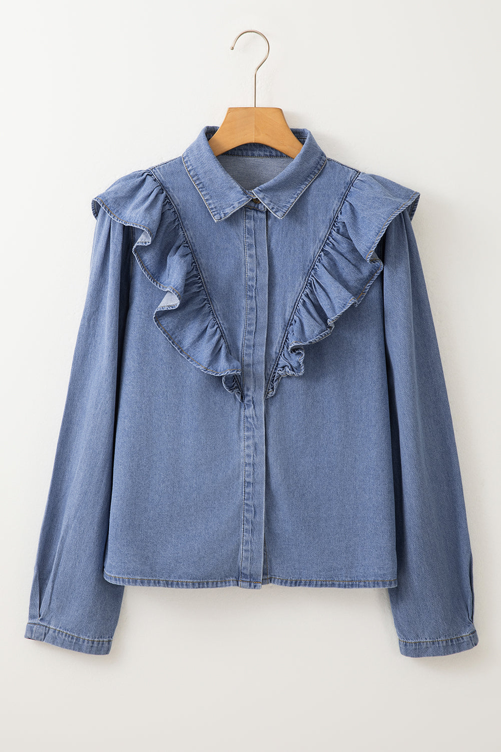 Chemisier Denim Bleu Crépuscule – Manches Longues & Volants