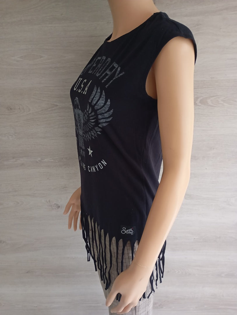Débardeur noir graphique à franges — Superdry — Taille XS — Très bon état