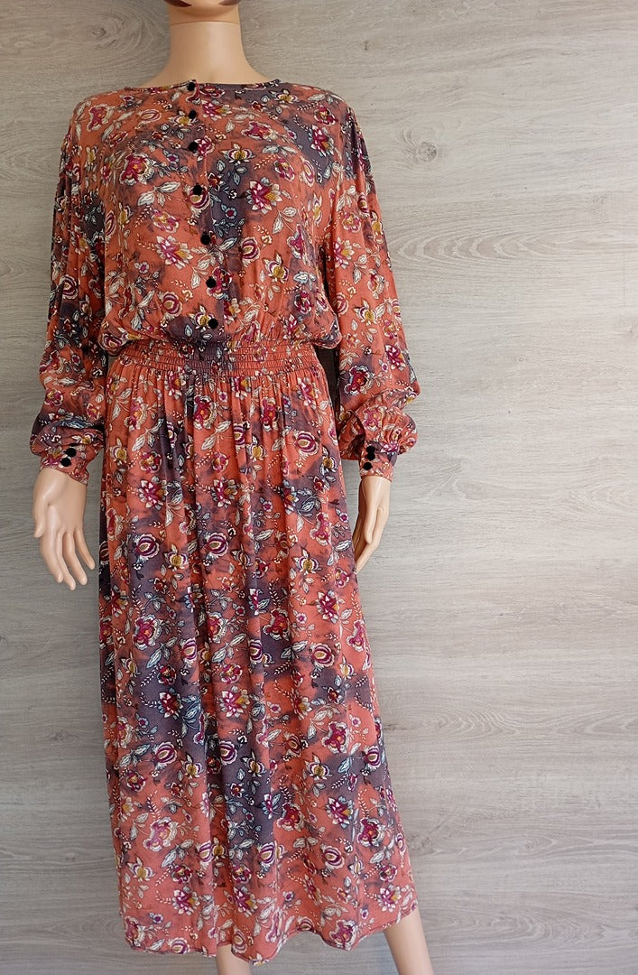 Robe longue manches longues - fleurie - Monoprix - 42 - Orange - Très bon état