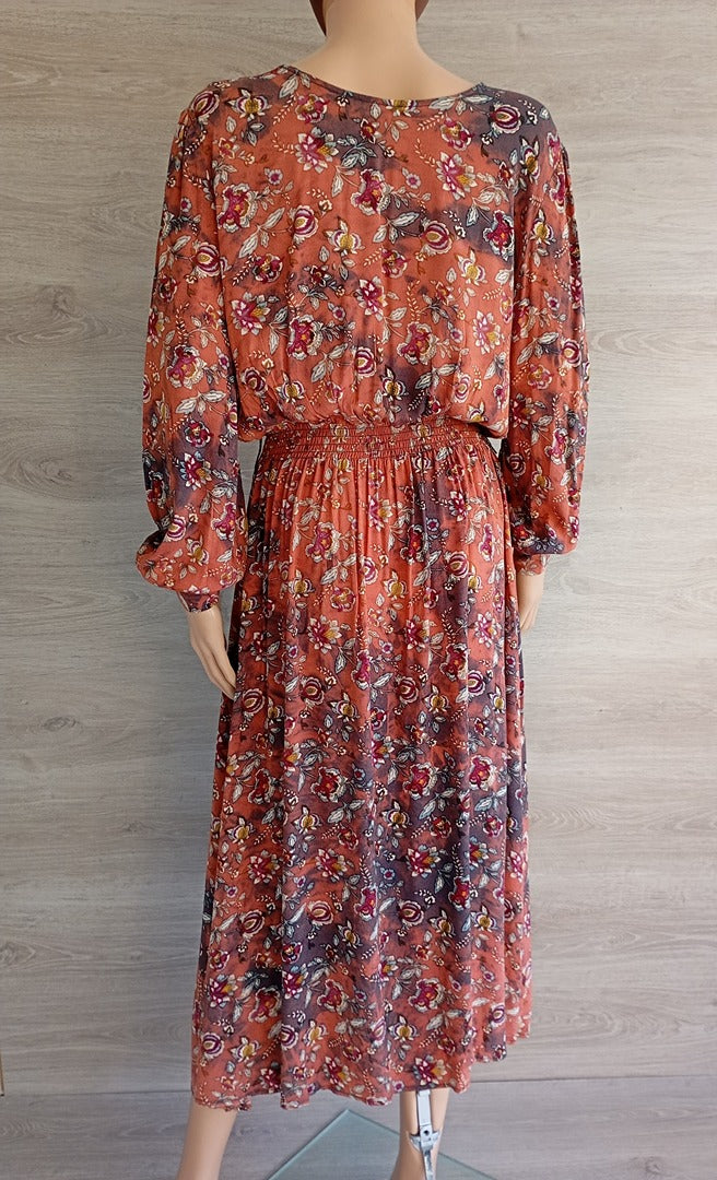 Robe longue manches longues - fleurie - Monoprix - 42 - Orange - Très bon état