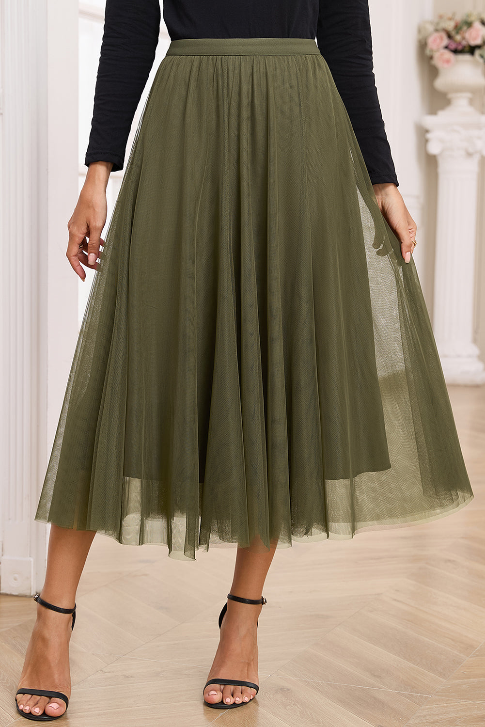 Jupe midi en tulle — Superposition de maille évasée & taille haute