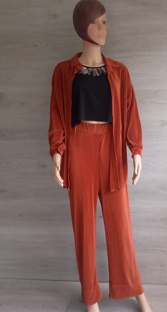 Ensemble fin fluide - chemise pantalon - Pronto Moda - Taille unique - marron orangé