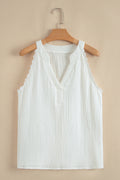 Top Blanc Sans Manches – Col V & Bordure Dentelle Froissée