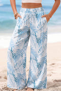 Pantalon large à imprimé botanique bleu ciel et taille froncée
