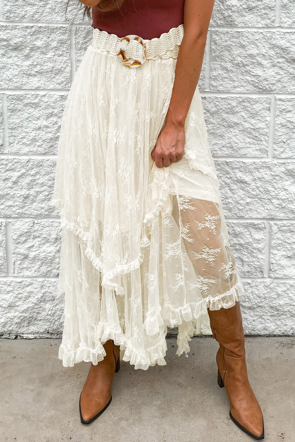 Jupe Longue Beige en Dentelle à Volants — Taille Haute