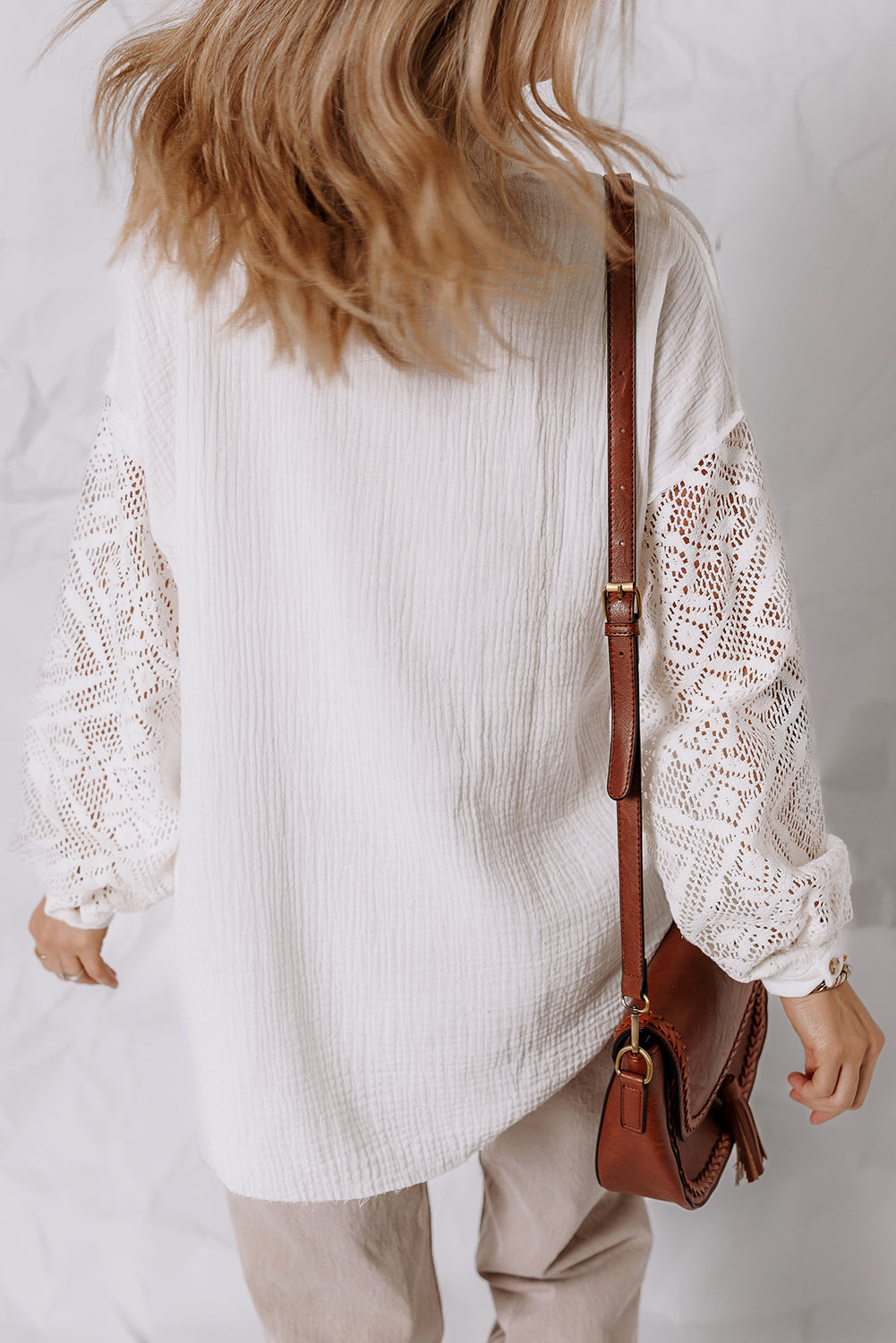 Chemise Gaze de Coton Blanc — Patchwork Dentelle et Manches Longues