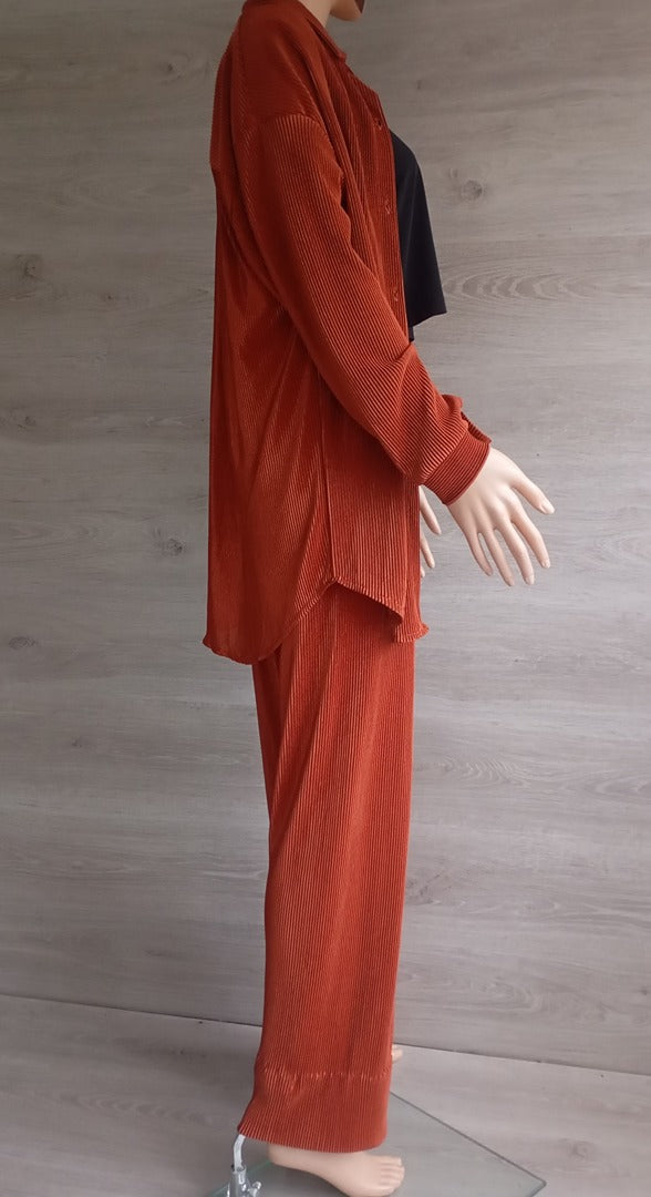 Ensemble fin fluide - chemise pantalon - Pronto Moda - Taille unique - marron orangé