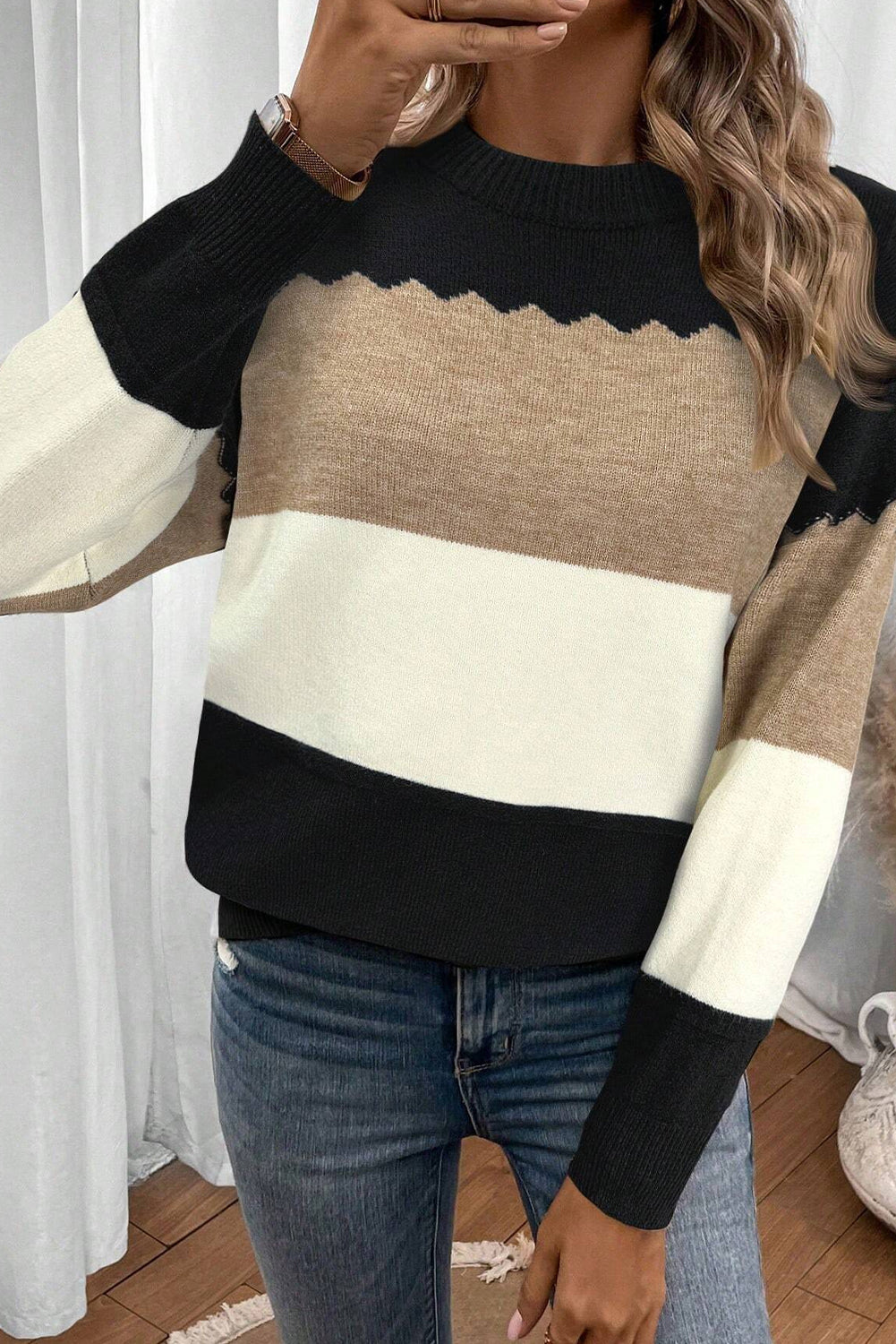 Pull Colorblock Col Rond — Épaules Tombantes