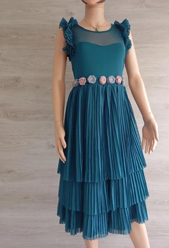 robe midi plissée Maru Atelier - 42 - turquoise - bon état - avec fleurs
