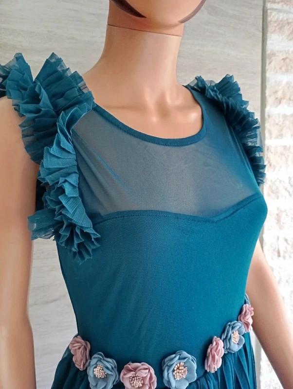 robe midi plissée Maru Atelier - 42 - turquoise - bon état - avec fleurs
