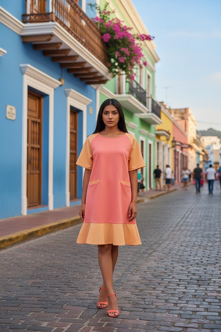 Robe courte manches courtes 🌸 Kling 🌸 L - Rose et orange - Neuf avec étiquette - style vintage