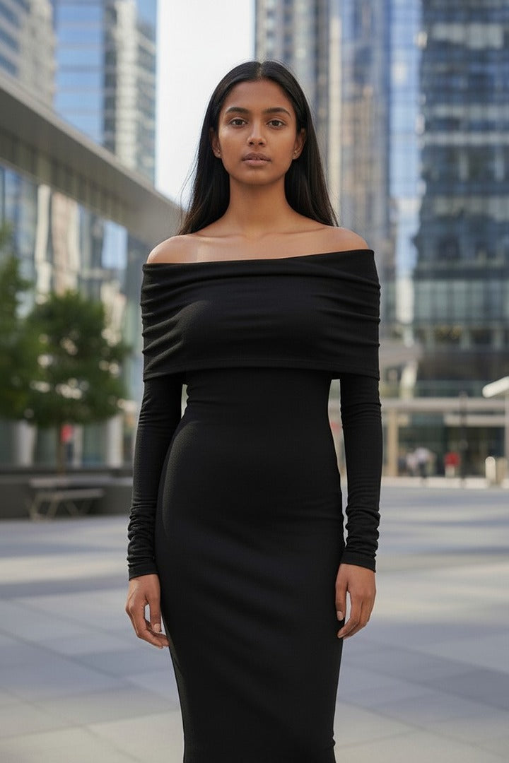 Robe longue midi - H&m - manches longues - Xs - Noir - Neuf - col bateau drapé - stretch