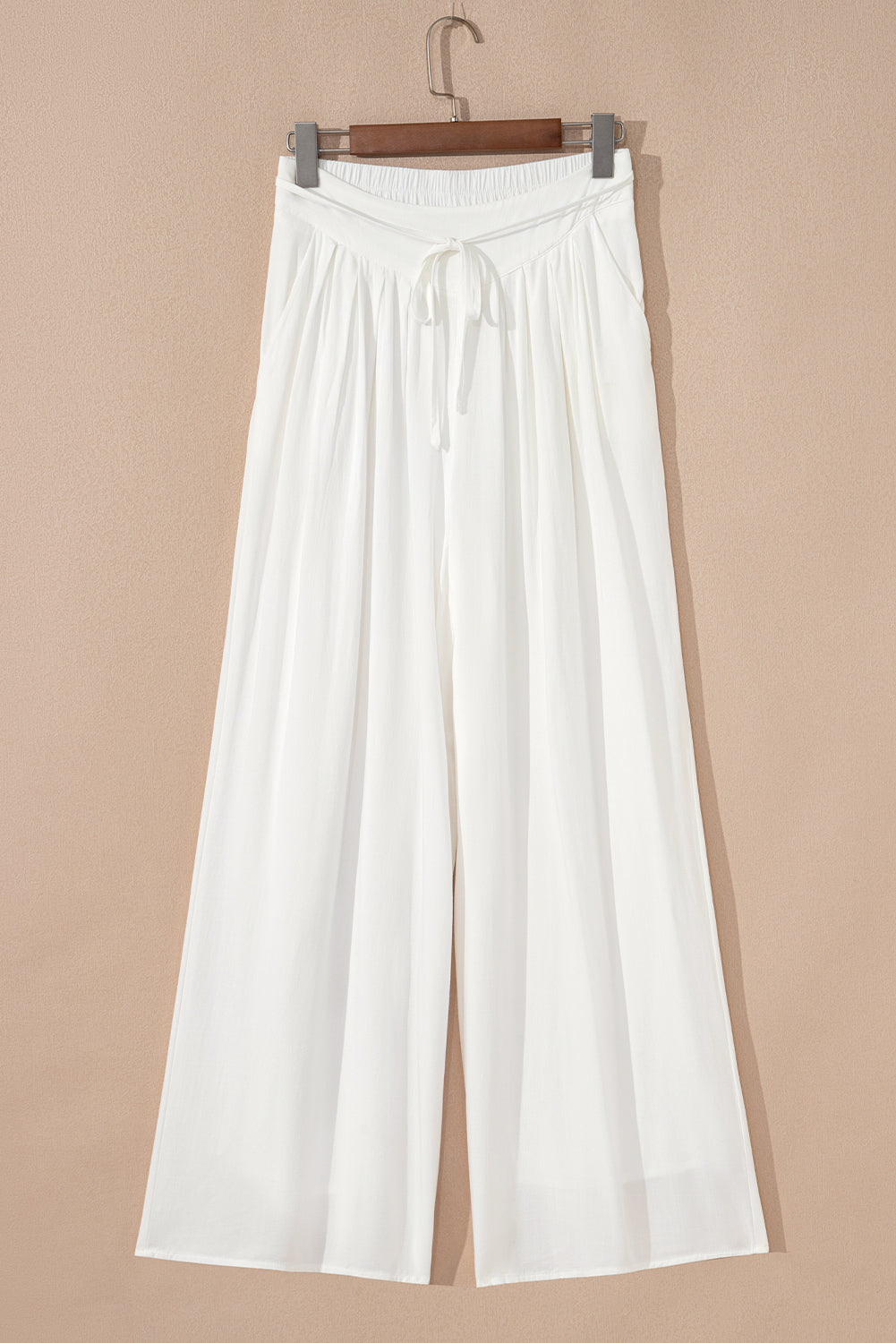Pantalon Large Blanc Plissé – 100% Viscose & Cordon de Serrage