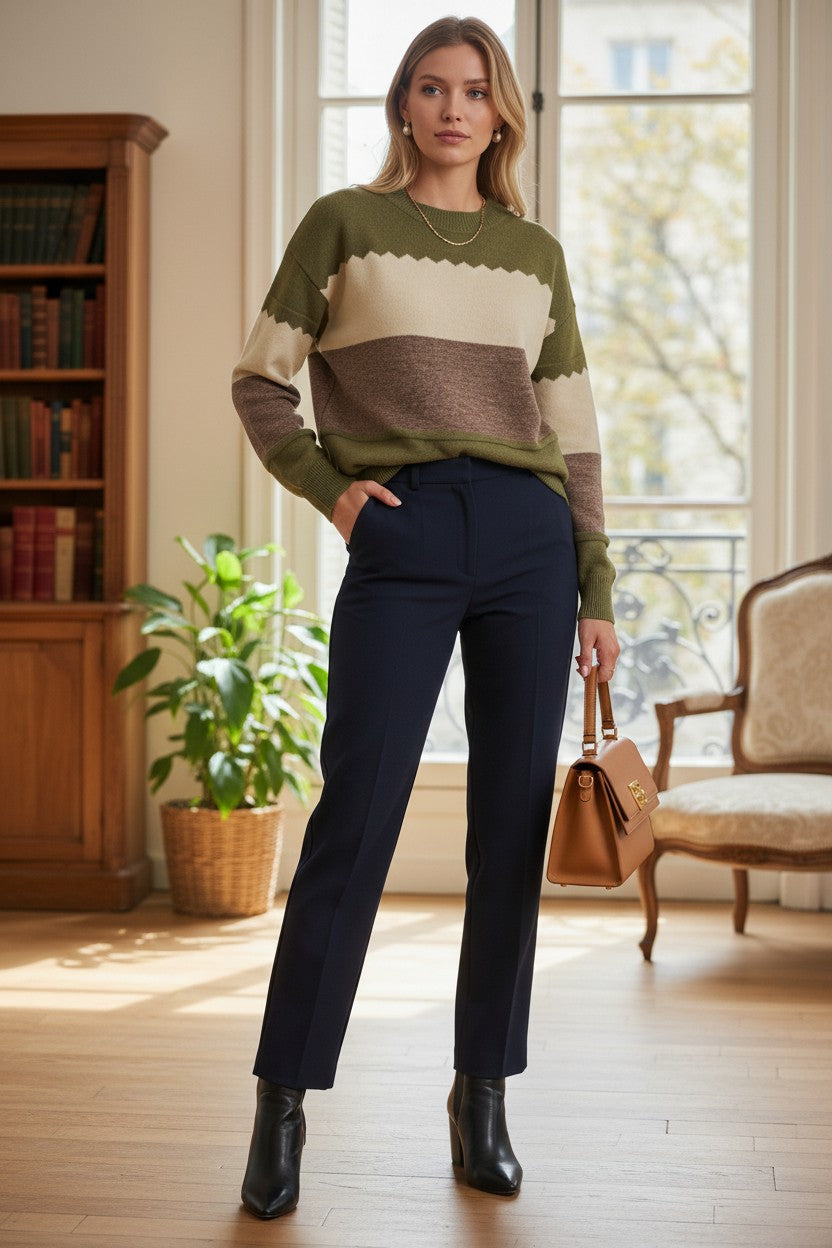 Pull Colorblock Col Rond — Épaules Tombantes