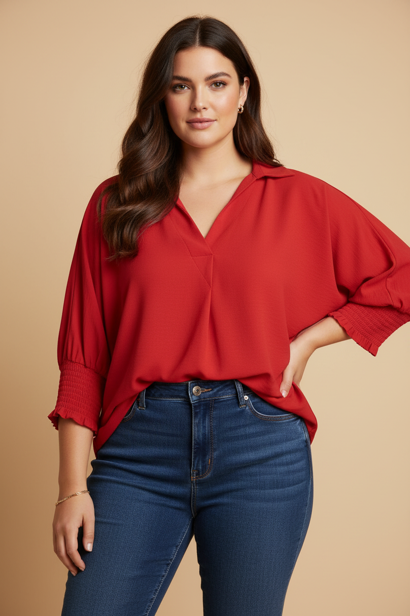 Blouse rouge - Femme brune style KiyaDressPro