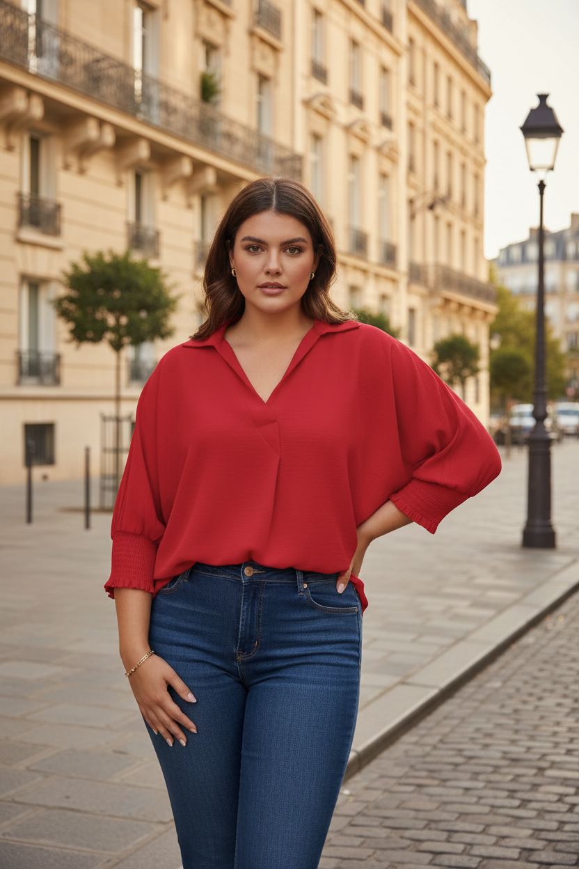 Blouse rouge - Rue parisienne haussmannienne