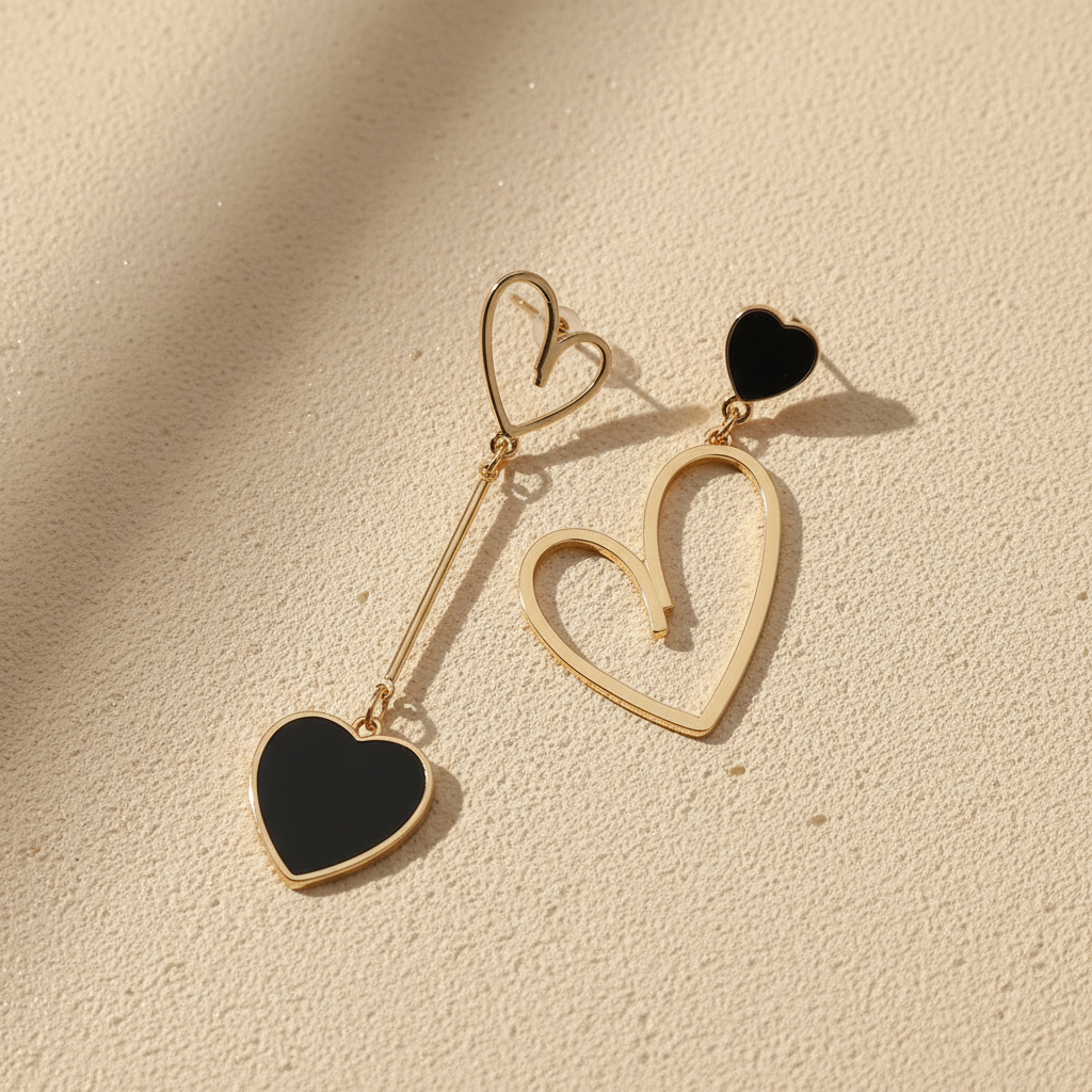 Boucles d'oreilles cœur noir & or — photo studio