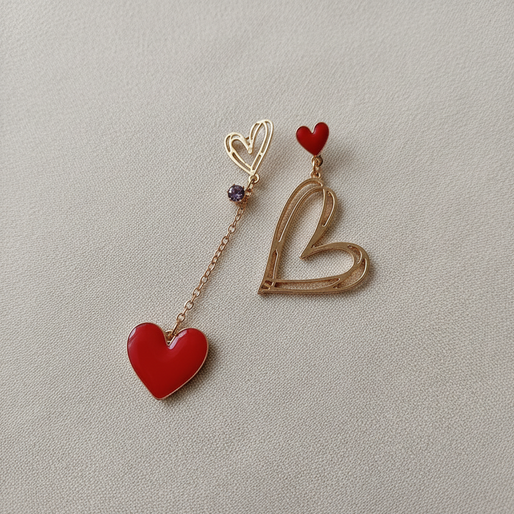 Boucles d'oreilles cœurs asymétriques doré/rouge