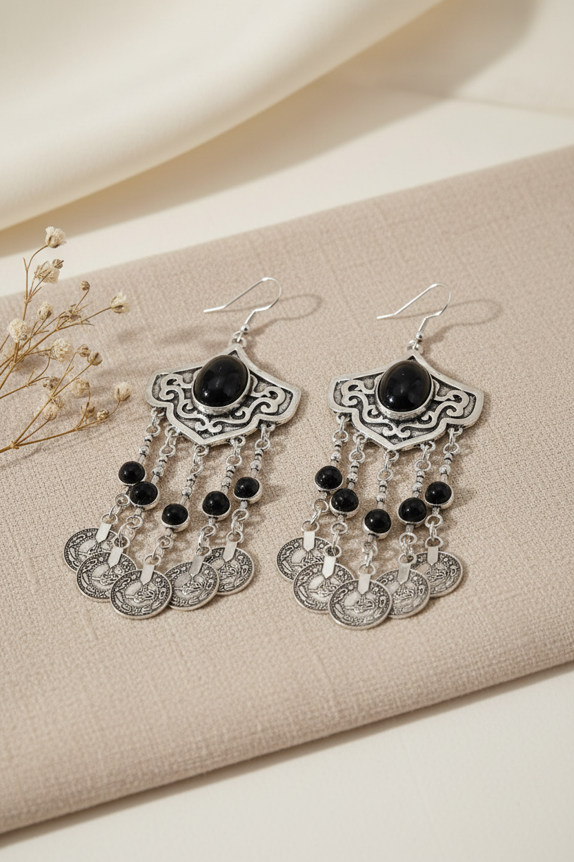 Boucles d'oreilles chandelier argent & onyx noir