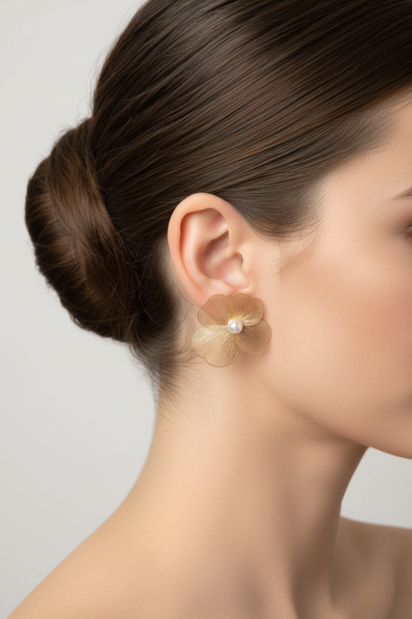 Boucles d'oreilles fleurs dorées - photo portée