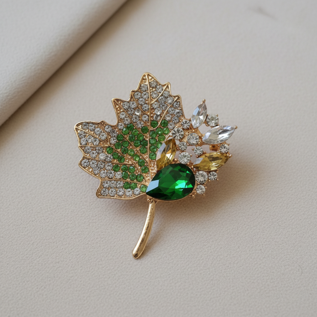 Broche feuille d'érable dorée avec strass et pierres colorées