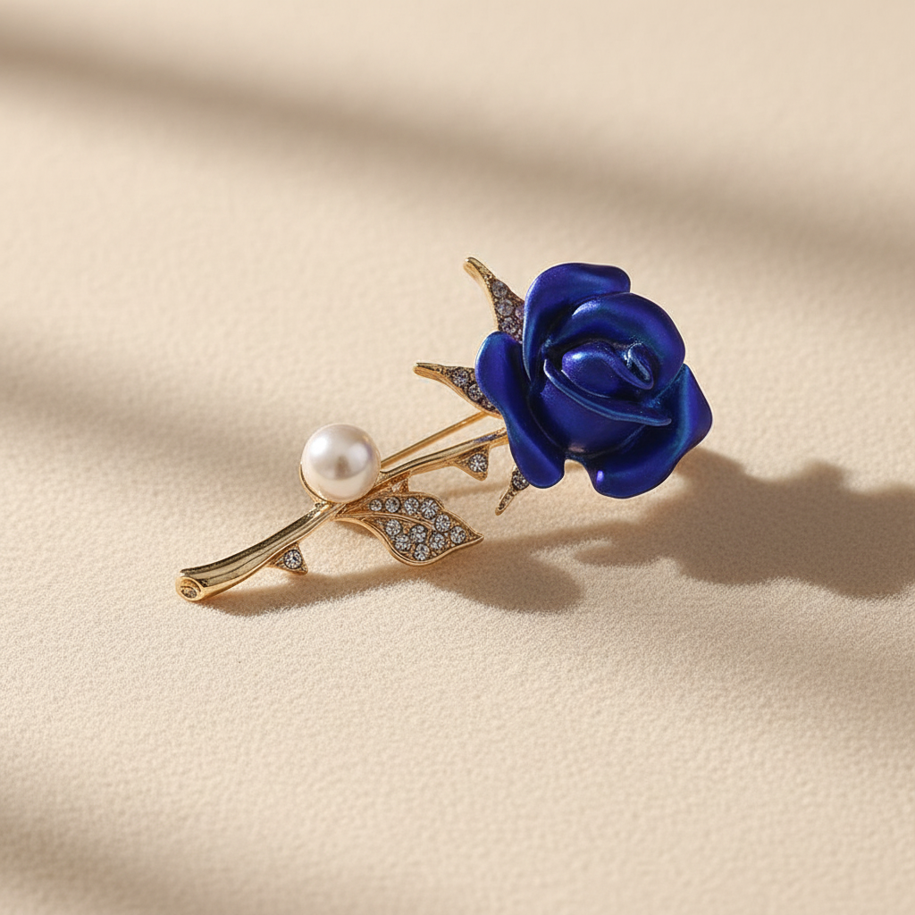 Broche rose bleue et dorée