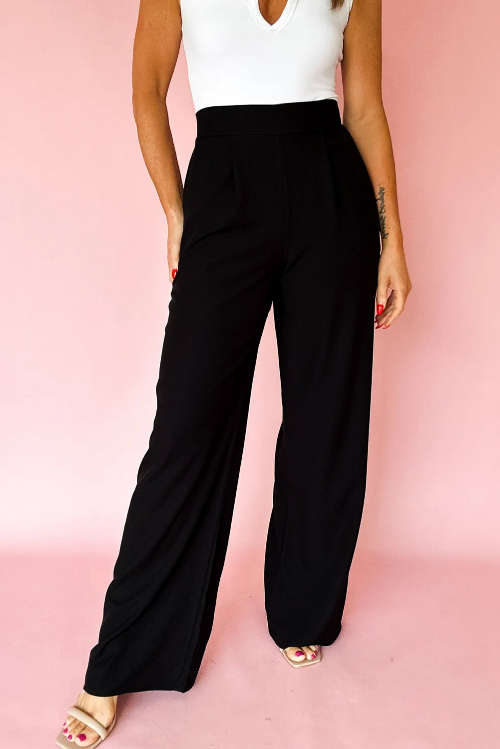 Pantalon Large Plissé Taille Haute – Enfilage Facile | Rouge & Noir