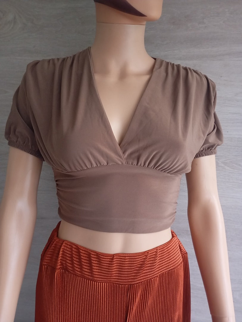 Crop top manches courtes marron taille S - Happiness - neuf
