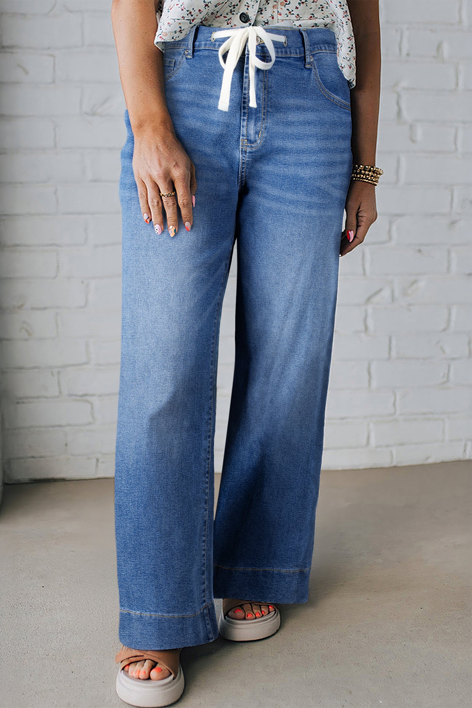 Jean Grande Taille Wide Leg à Lacets Contrastés