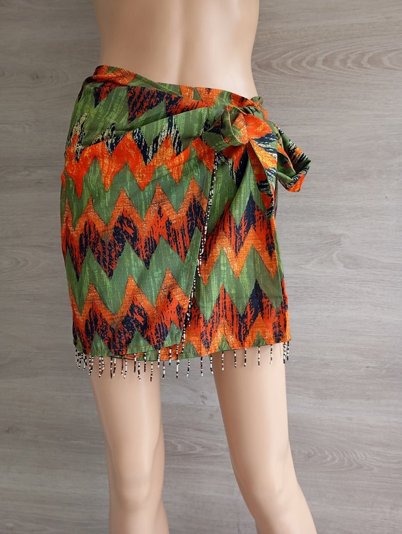 Mini-jupe portefeuille Micas - S - vert/orange avec perles - neuve