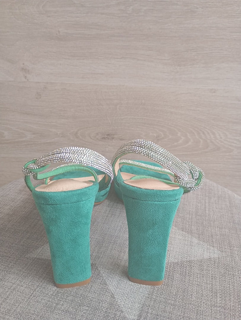 Sandales à talon Azarey - 36 - Turquoise - très bon état - strass et suédine