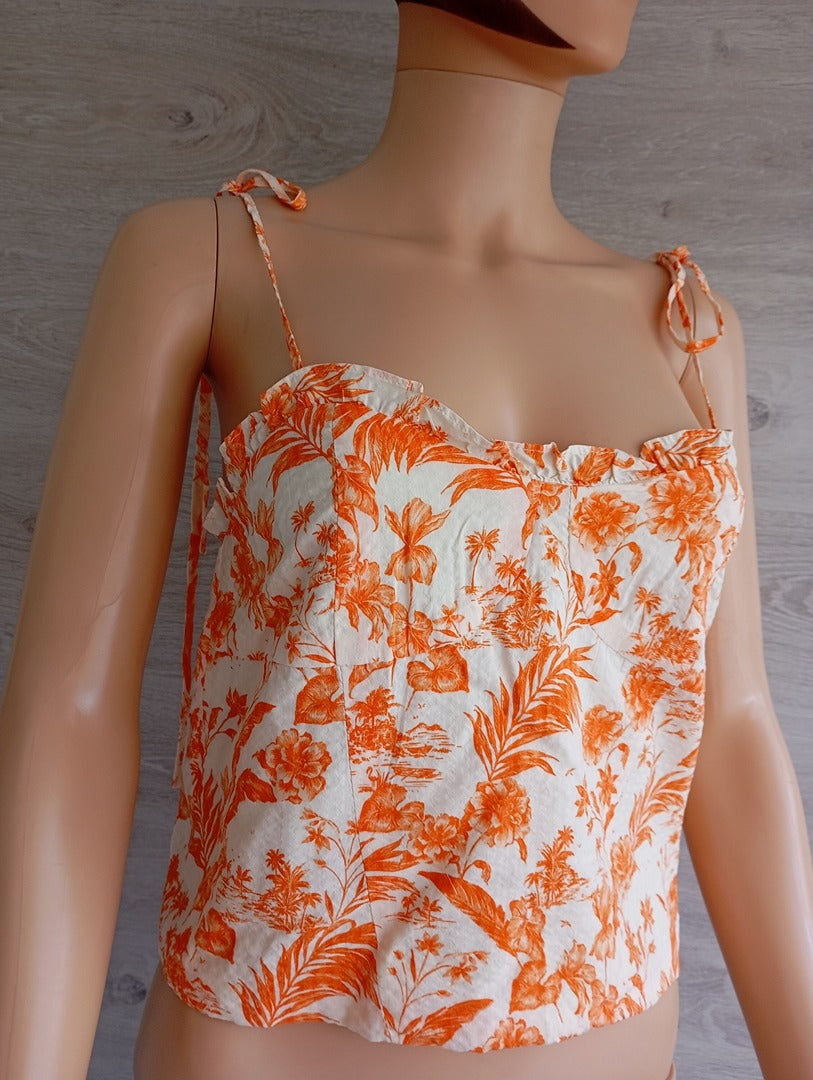 Top à bretelles Mango - L - Orange - motif tropical