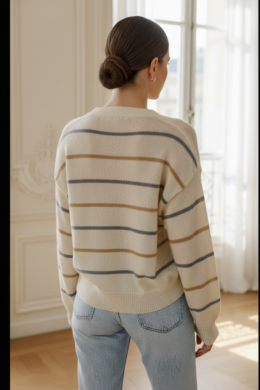 Cardigan rayé crème – dos chignon bas
