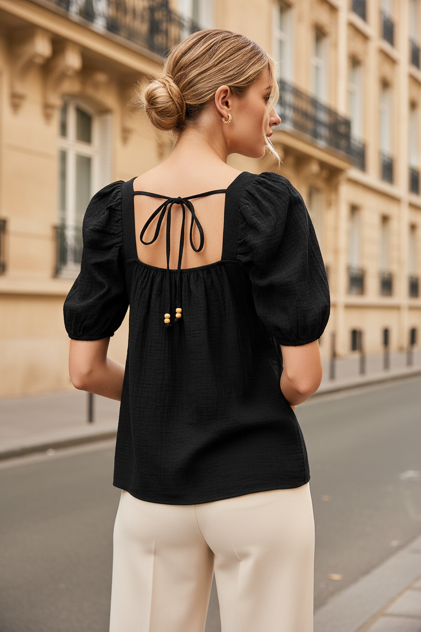 Chemisier crochet – dos chignon