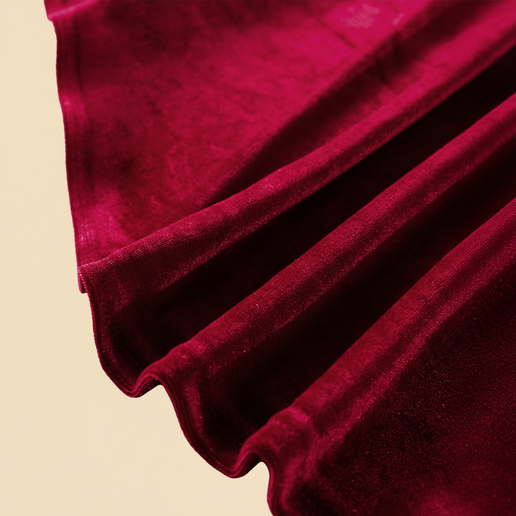 Chemisier dahlia rouge - détail tissu velours - fond beige