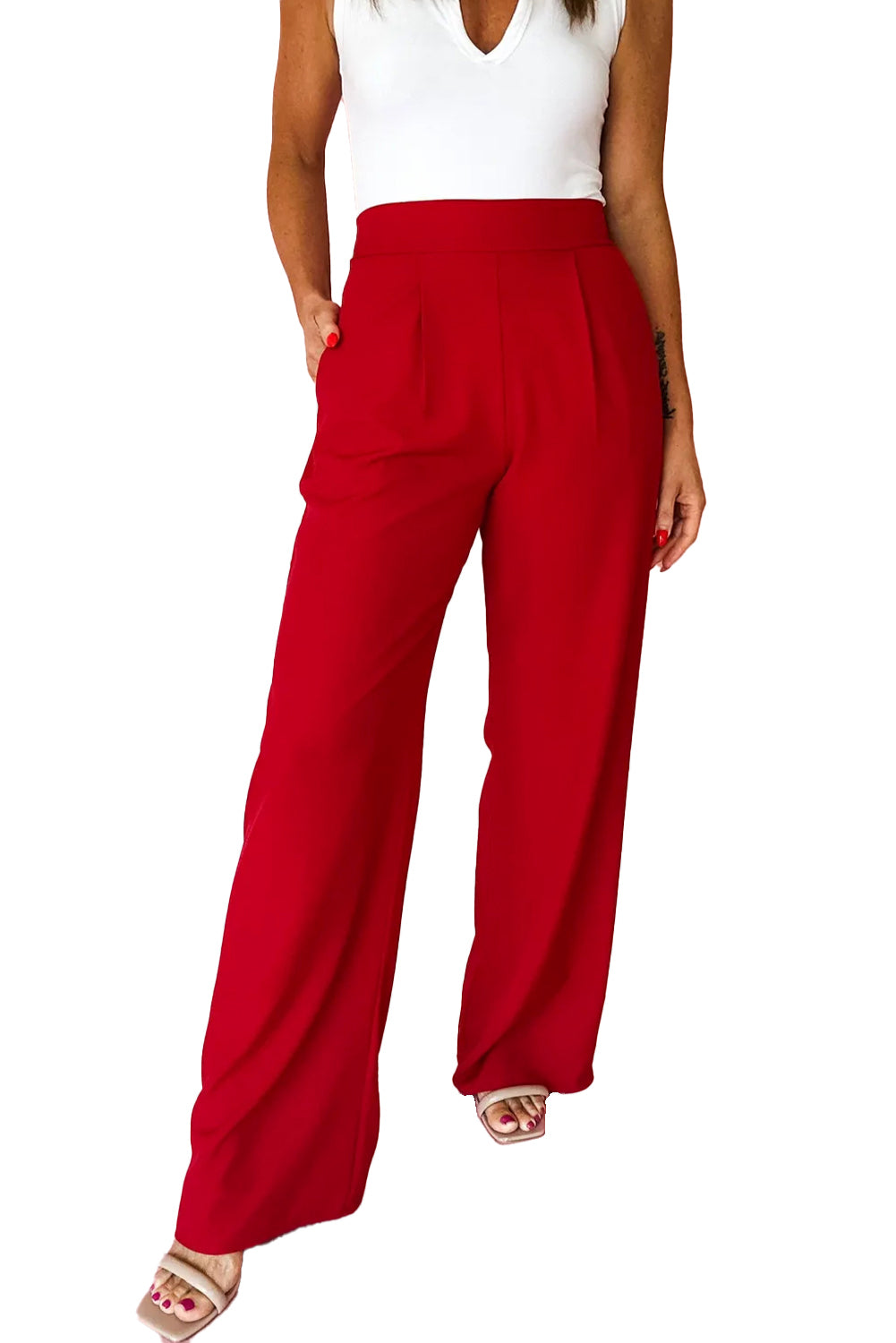 Pantalon Large Plissé Taille Haute – Enfilage Facile | Rouge & Noir