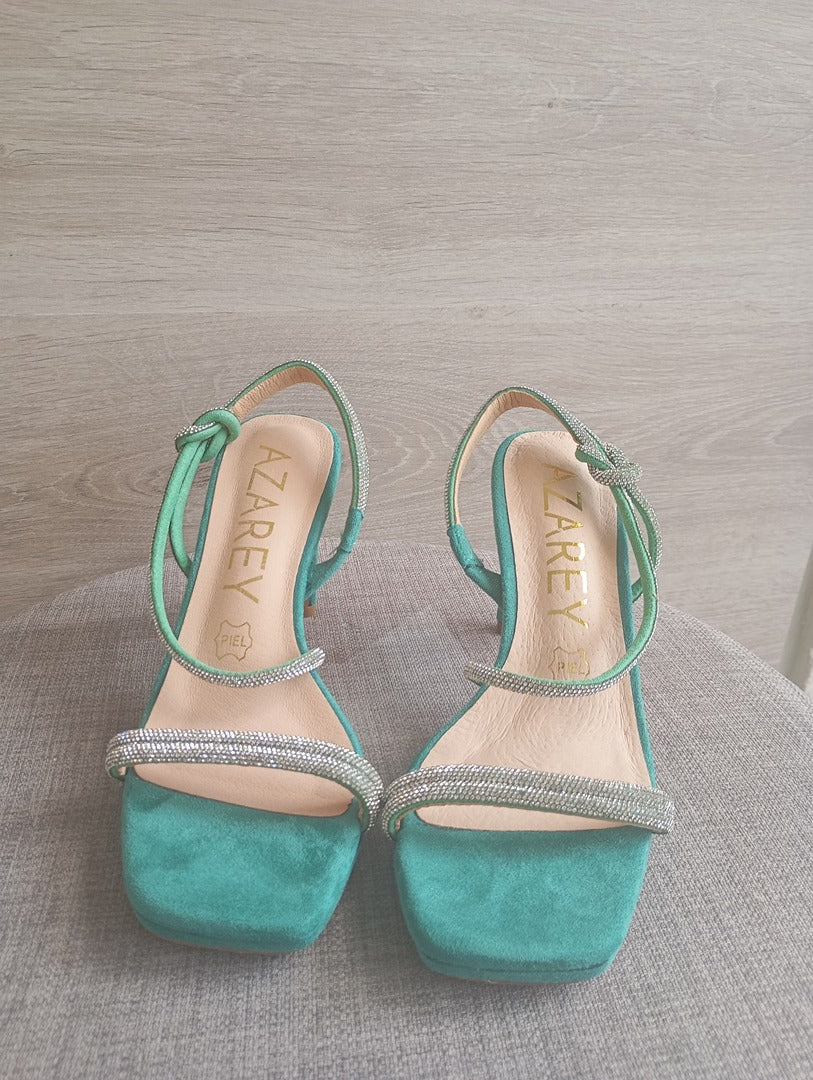 Sandales à talon Azarey - 36 - Turquoise - très bon état - strass et suédine
