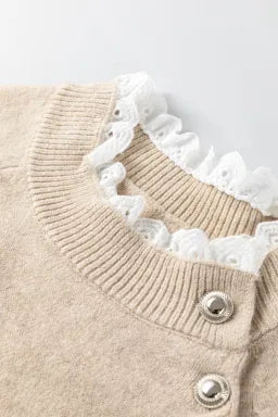 Robe pull courte en maille à manches raglan et col boutonné dentelle