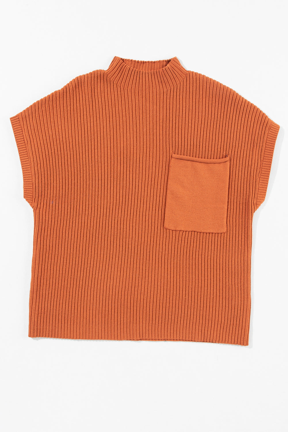Pull Gris Maille Côtelée – Col Montant, Manches Courtes & Poche Plaquée