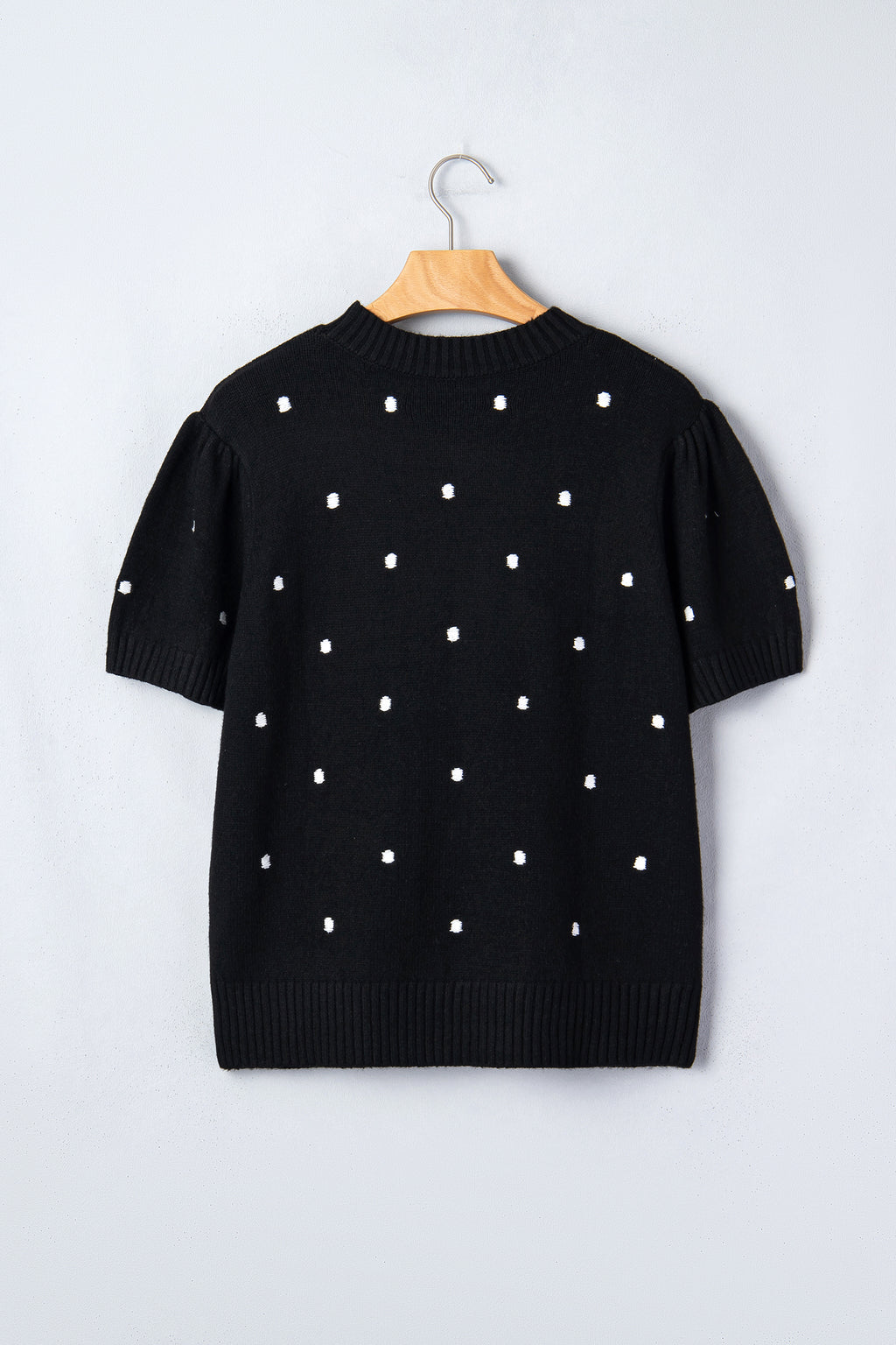 Pull Jaune Crème à Pois – Manches Courtes Bouffantes, Col Rond, Maille Légère