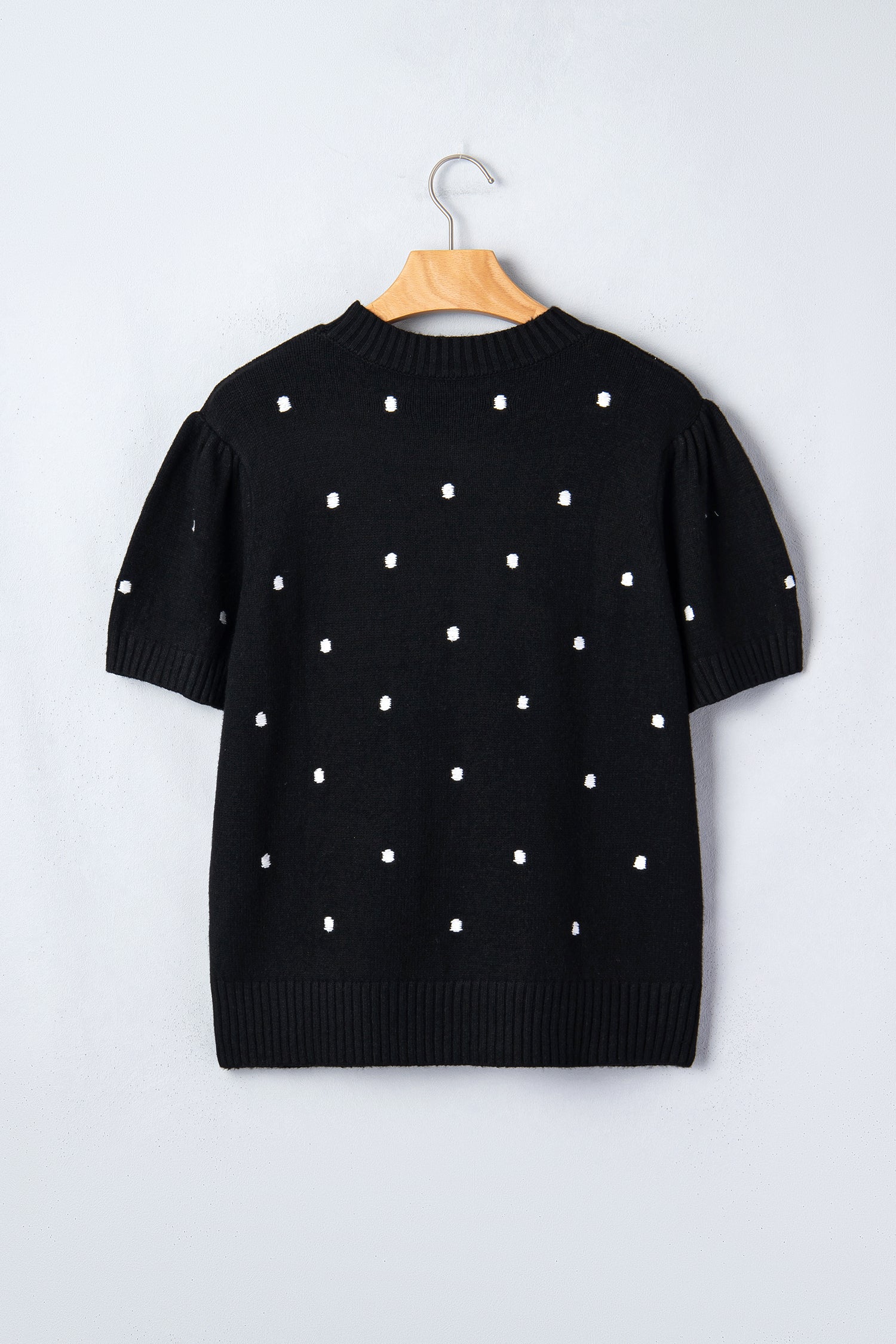 Pull Jaune Crème à Pois – Manches Courtes Bouffantes, Col Rond, Maille Légère