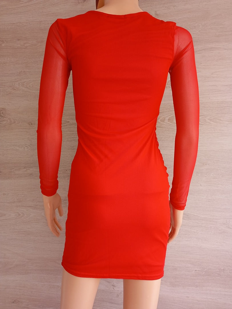 Robe courte moulante manches longues transparentes 🌸 Boohoo 🌸 34 - Rouge - Neuf avec étiquette
