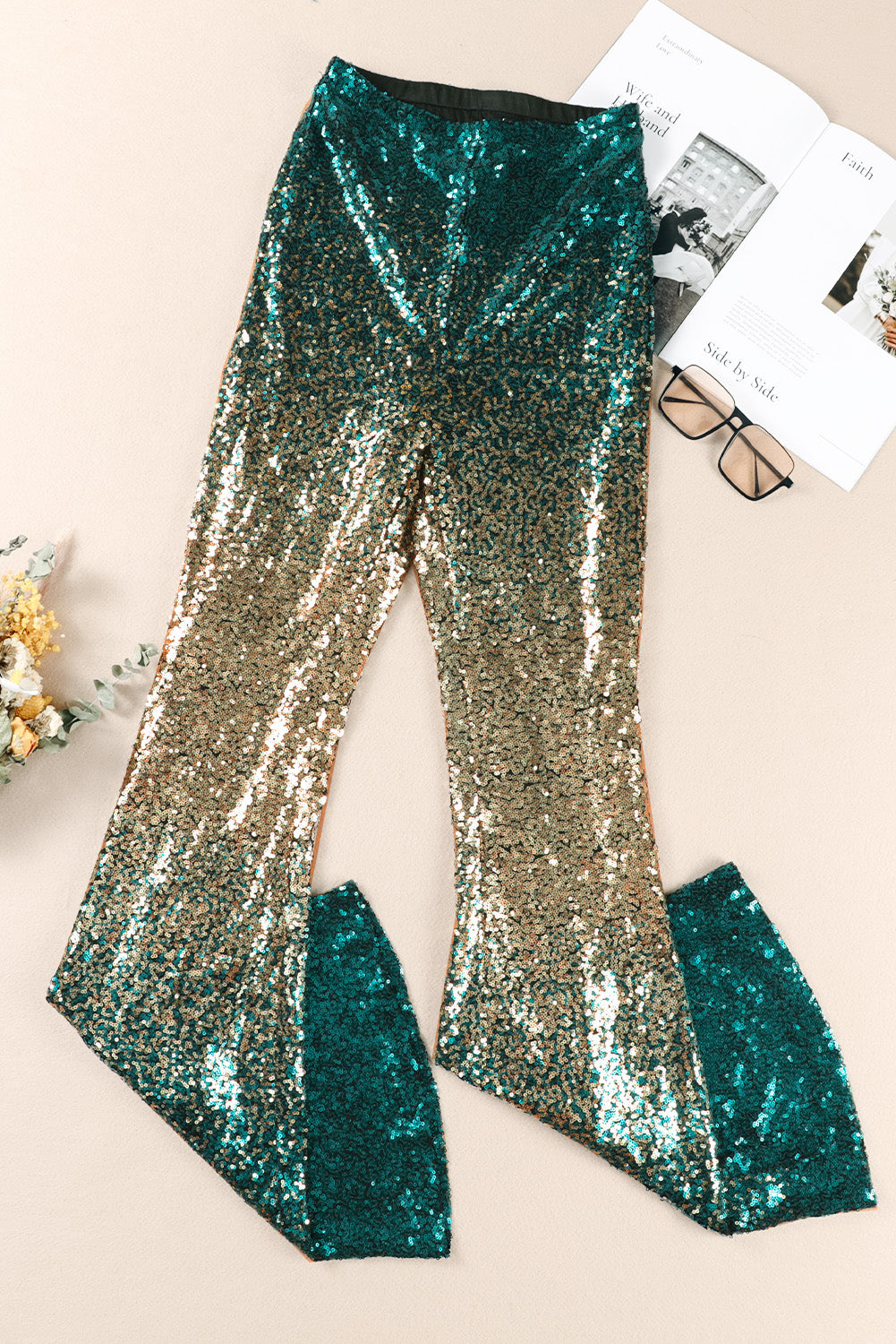 Pantalon Évasé à Sequins Dégradé Vert, Noir & Or