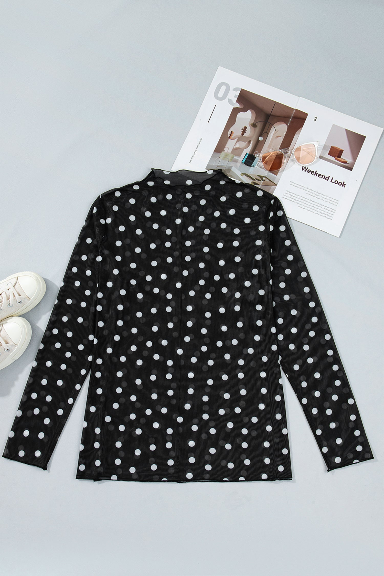 Haut en Maille à Pois Noir — Col Montant & Manches Longues Transparentes Grande Taille