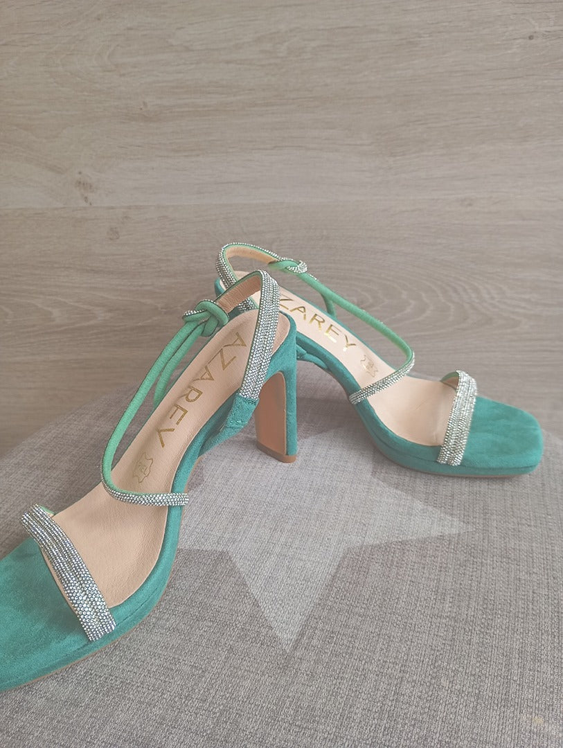 Sandales à talon Azarey - 36 - Turquoise - très bon état - strass et suédine